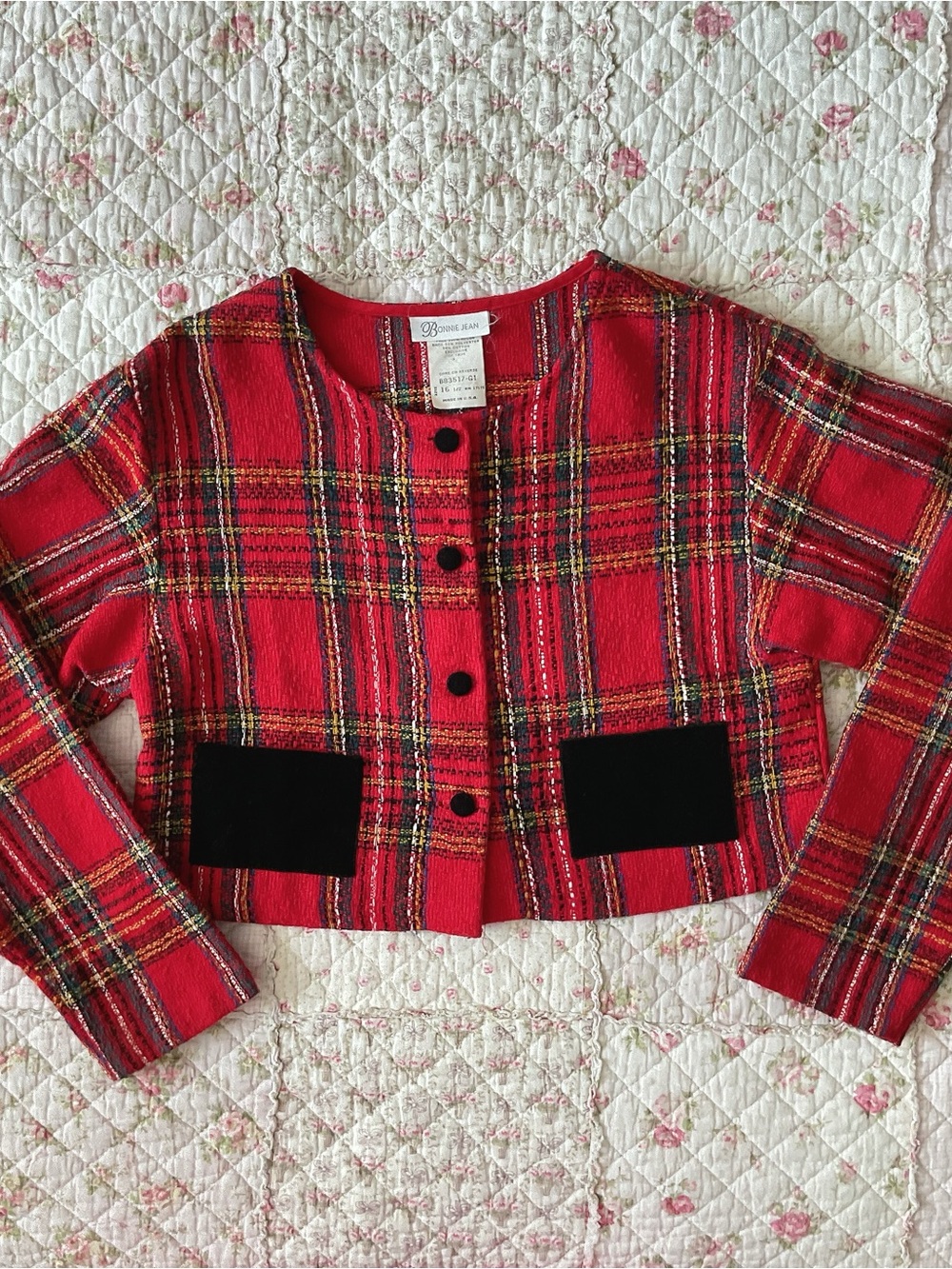 Red Plaid Cropped Jacket with Black Pocket Accents